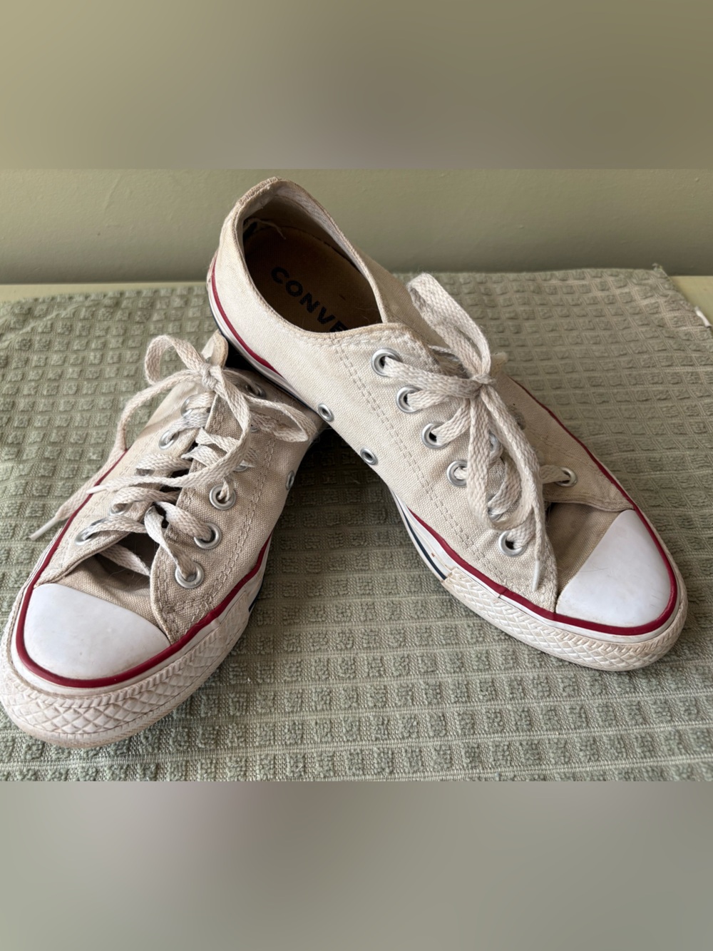 Converse Beige Canvas Low-Top Sneakers with Red Stripe size 7